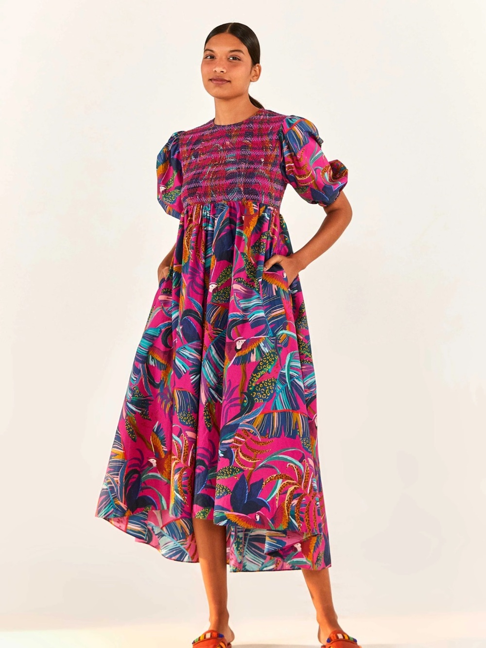 FARM Rio Pink Multi Tropical Puff-Sleeve Midi Dress